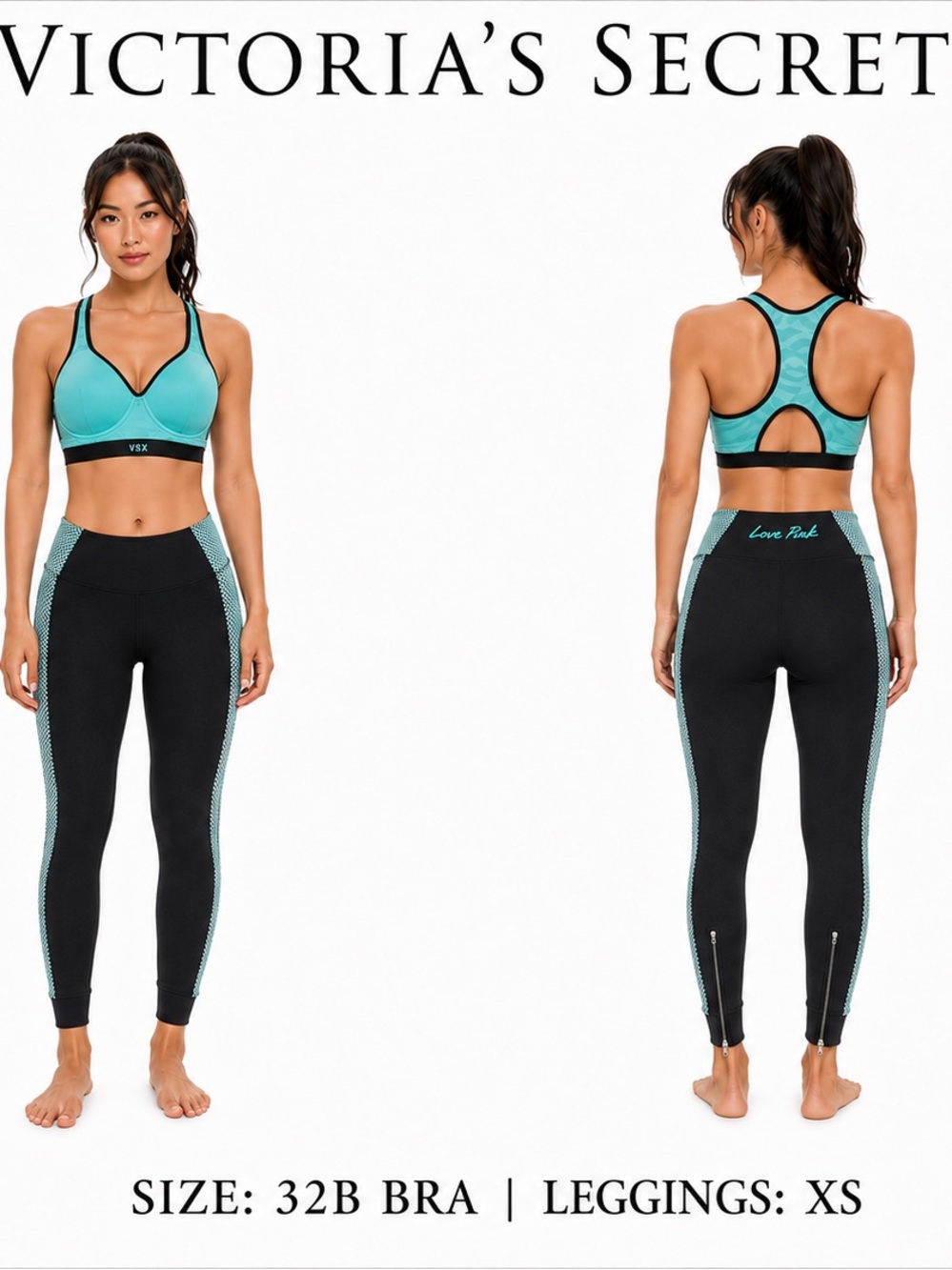 Victoria's Secret Black Racerback Sports Bra with Black Leggings Size 32B&XS